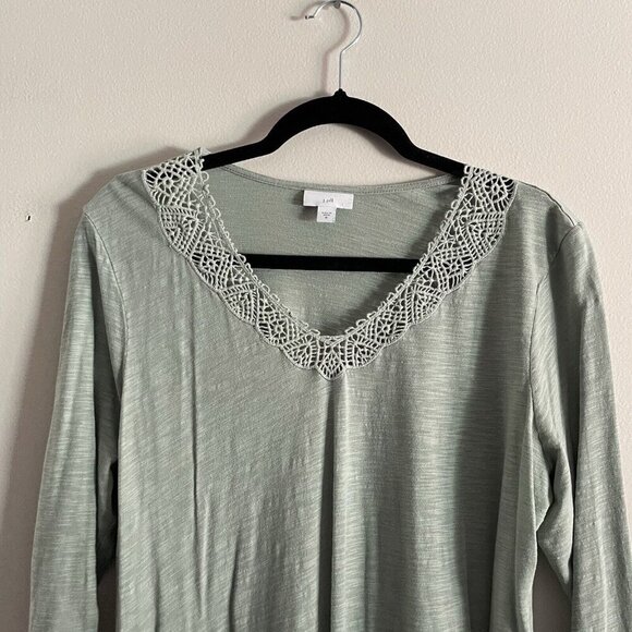 J.Jill Women M Green Cotton Modal Slub Crochet Trim V-Neck 3/4 Sleeves Tunic Top - Picture 6 of 11